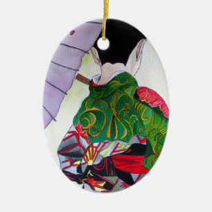 Japanese Geisha art with kimono and umbrella Ceramic Ornament