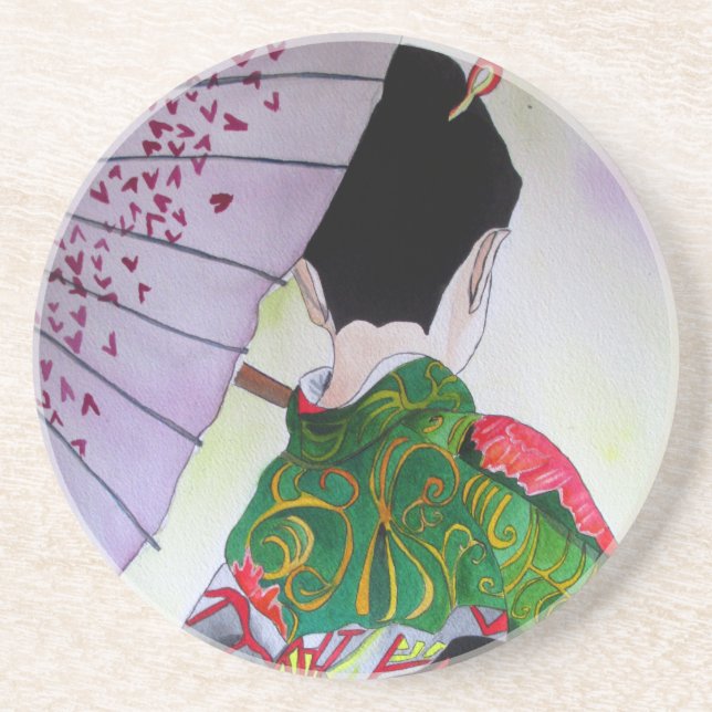 Japanese Geisha art with kimono and umbrella Coaster (Front)