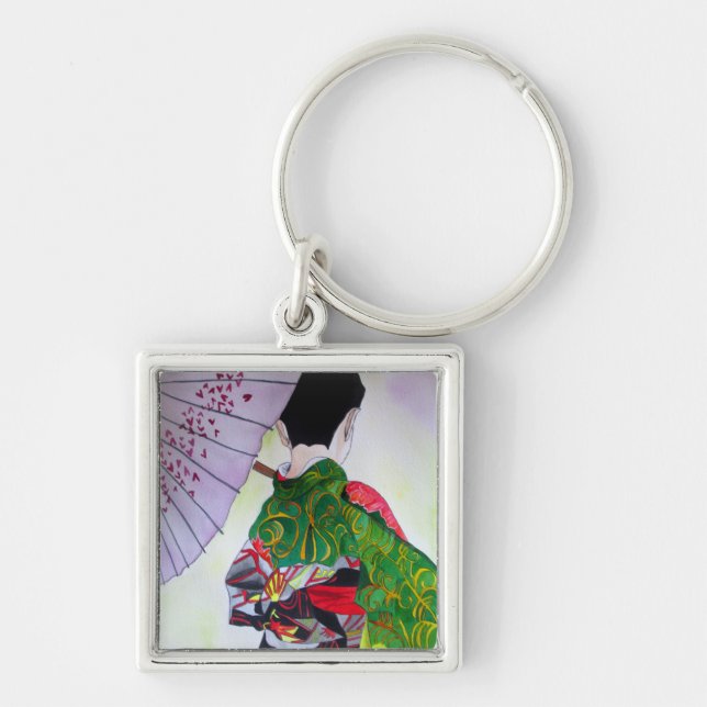 Japanese Geisha art with kimono and umbrella Keychain (Front)