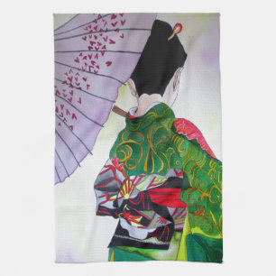 Japanese Geisha art with kimono and umbrella Kitchen Towel
