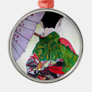 Japanese Geisha art with kimono and umbrella Metal Ornament