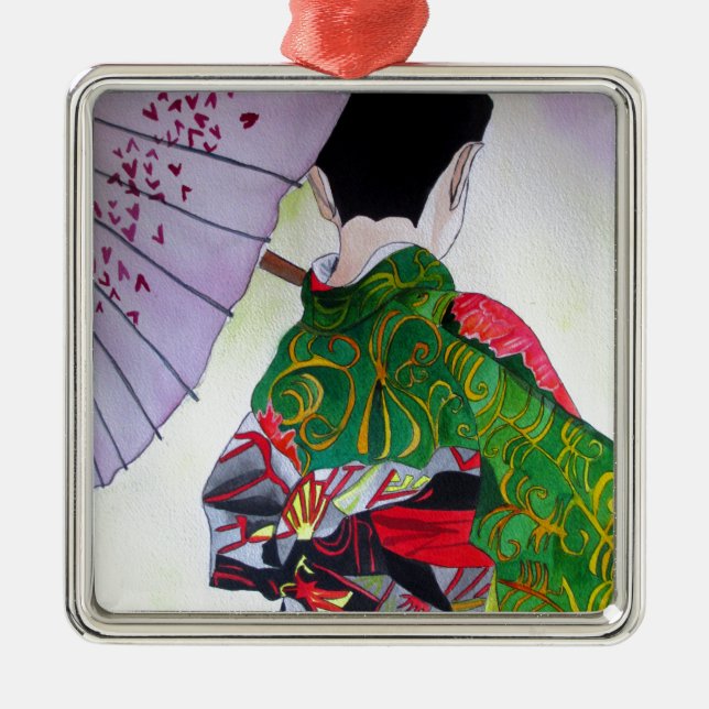 Japanese Geisha art with kimono and umbrella Metal Ornament (Front)