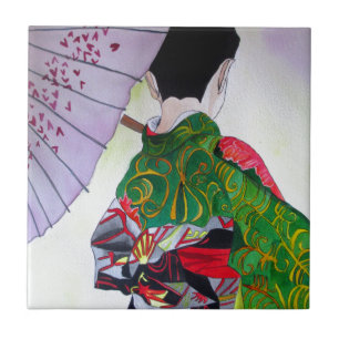 Japanese Geisha art with kimono and umbrella Tile