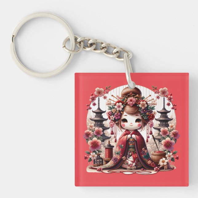 Japanese Geisha Cute Scene Keychain (Front)