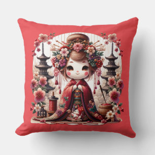 Japanese Geisha Cute Scene Throw Pillow