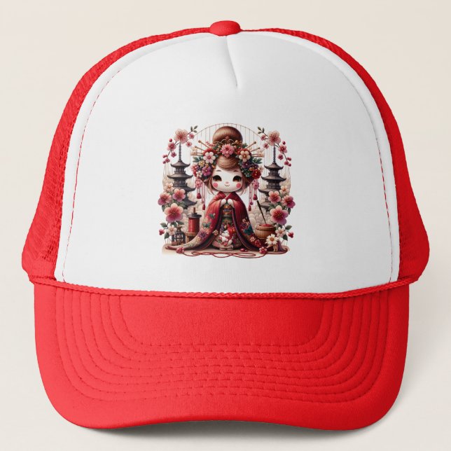Japanese Geisha Cute Scene Trucker Hat (Front)