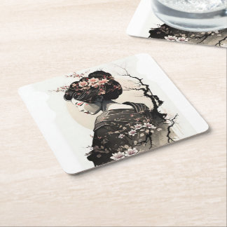 Japanese Geisha Floral Design Sakura Pink -  Square Paper Coaster