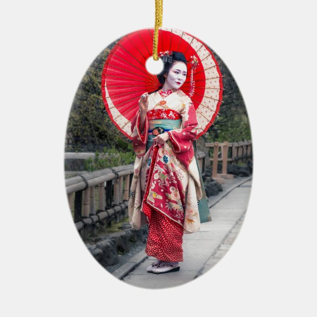 Japanese Geisha in Kyoto Ceramic Ornament (Front)