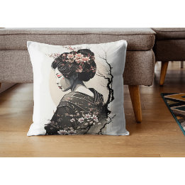 Japanese Geisha Ink Art Cherry Blossom Sakrua -  Throw Pillow