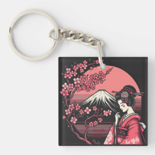Japanese Geisha Mount Fuji Cherry Blossom Trees Keychain