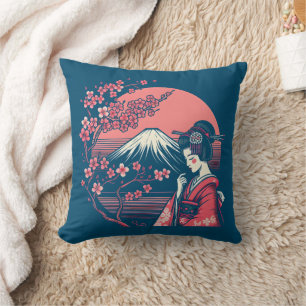 Japanese Geisha Mount Fuji Cherry Blossom Trees Throw Pillow