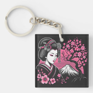 Japanese Geisha Mount Fuji Japanese Cherry Blossom Keychain