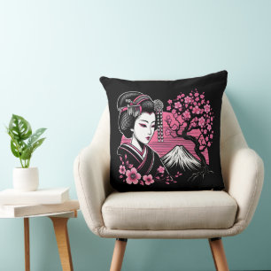 Japanese Geisha Mount Fuji Japanese Cherry Blossom Throw Pillow