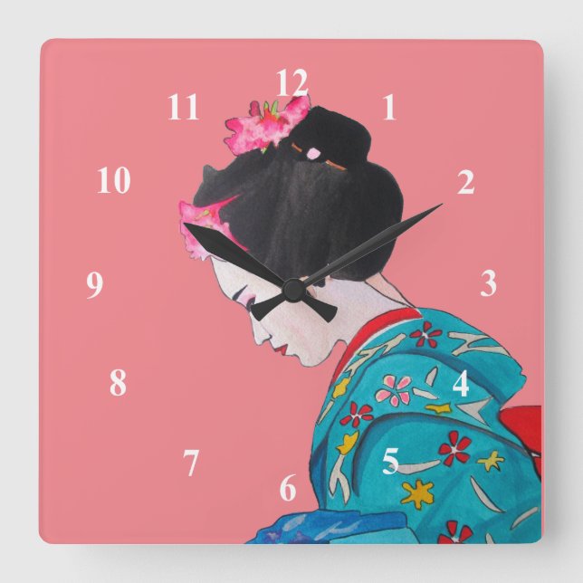 Japanese Geisha pink blossom cute art Square Wall Clock (Front)
