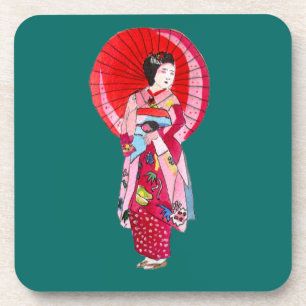 Japanese Geisha red kimono cute art Coaster