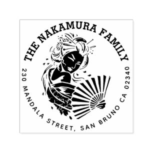 Japanese Geisha Round Family Name Return Address Self-inking Stamp