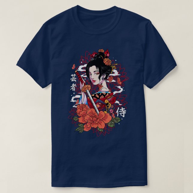 Japanese Geisha Samurai Sword Kanji Writing Kimono T-Shirt (Design Front)