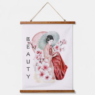 Japanese Geisha Watercolor with Kimono and Sakura Hanging Tapestry