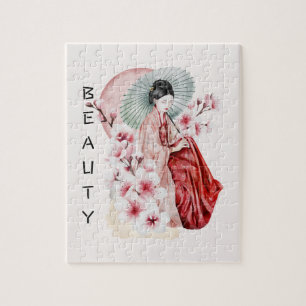 Japanese Geisha Watercolor with Kimono and Sakura Jigsaw Puzzle