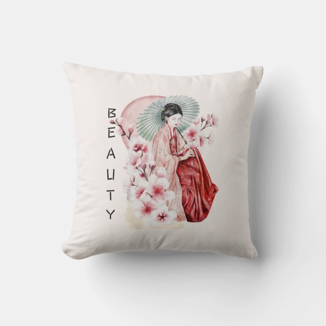 Japanese Geisha Watercolor with Kimono and Sakura Throw Pillow (Front)