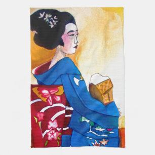 Japanese Geisha with blue kimono Kitchen Towel