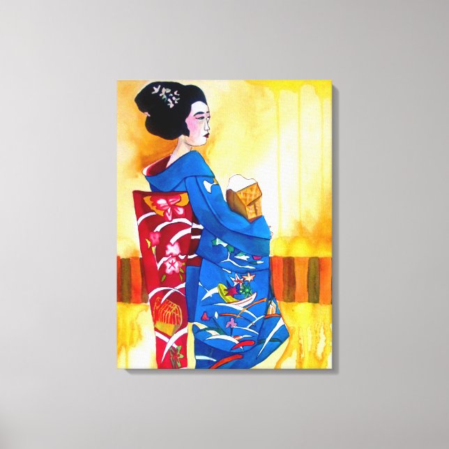 Japanese Geisha with blue kimono original art Canvas Print (Front)