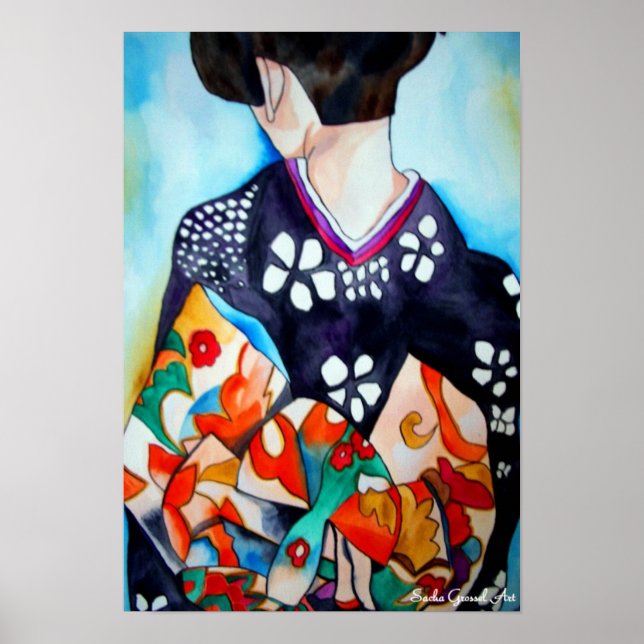 Japanese Geisha with blue kimono original art Poster (Front)