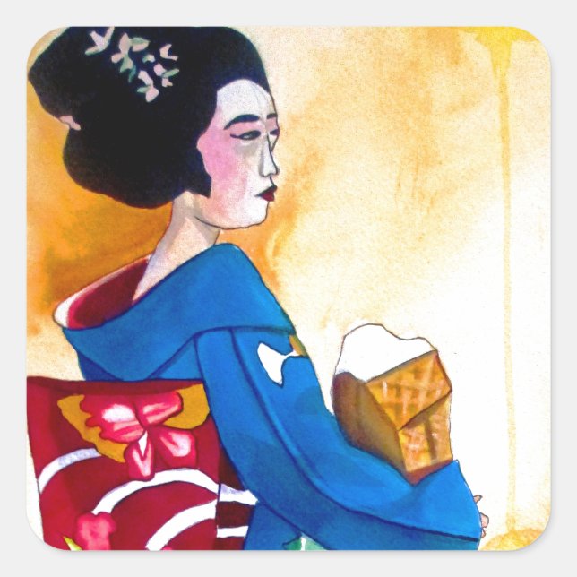 Japanese Geisha with blue kimono Square Sticker (Front)