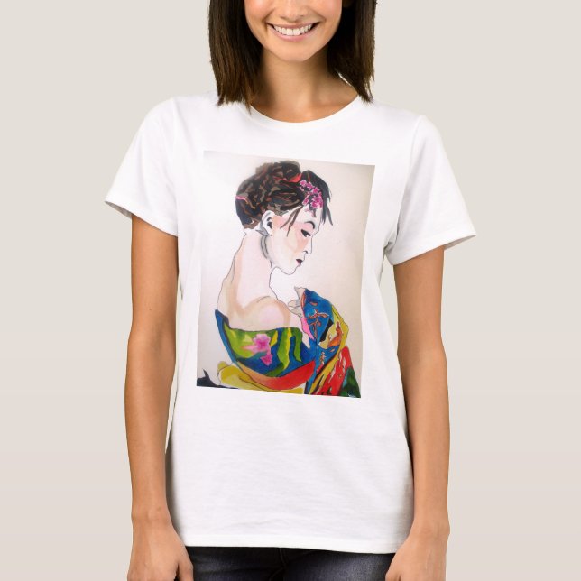 Japanese Geisha with blue kimono T-Shirt (Front)