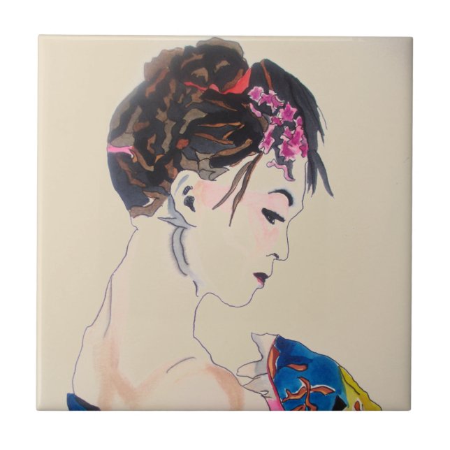 Japanese Geisha with blue kimono Tile (Front)