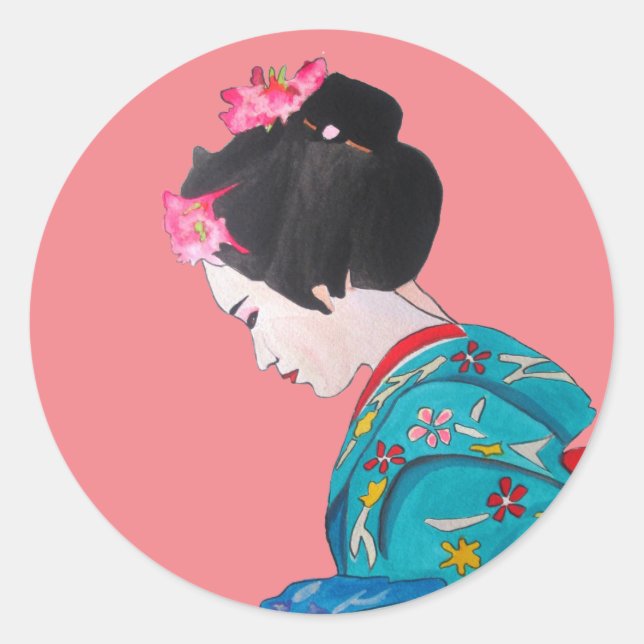 Japanese Geisha with cherry blossom wedding Classic Round Sticker (Front)