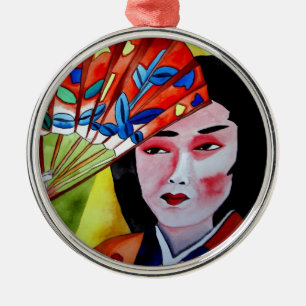 japanese Geisha with fan original art painting Metal Ornament