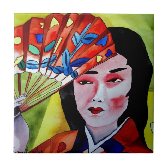japanese Geisha with fan original art painting Tile (Front)