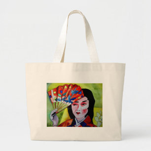 Japanese Geisha with fan original watercolor art Large Tote Bag