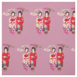 Japanese Geisha with red kimono cute art Fabric