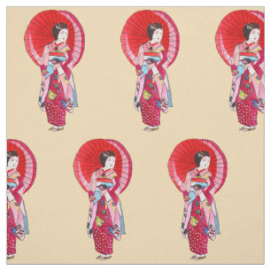 Japanese Geisha with red kimono cute art Fabric