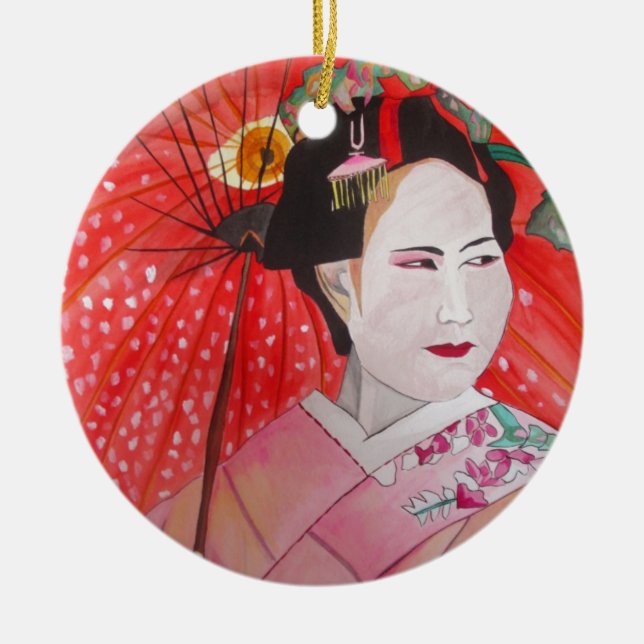 Japanese Geisha with red umbrella original art Ceramic Ornament (Front)