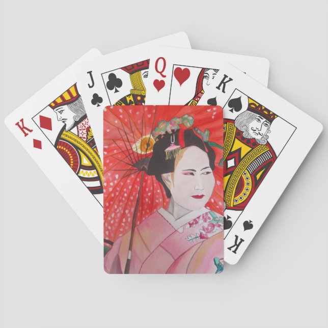 Japanese Geisha with red umbrella original art Playing Cards (Back)