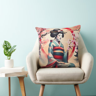 JAPANESE GEISHA WOMAN BEAUTY CHERRY BLOSSOMS THROW PILLOW