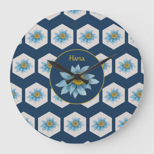 Japanese Geometric Lily Flower Pattern Monogram Large Clock