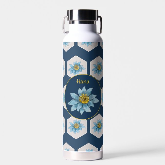 Japanese Geometric Lily Flower Pattern Monogram Water Bottle (Front)