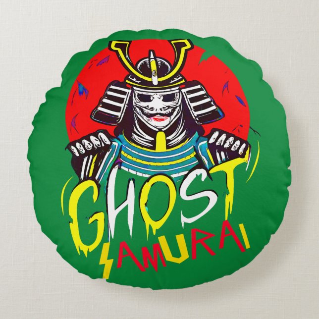 Japanese Ghost Samurai Martial Art in Retro Style Round Pillow (Front)