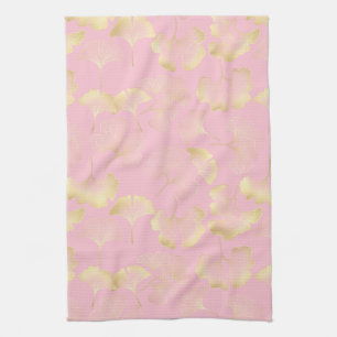 Japanese Ginkgo Gold Line Art Pink Pattern Kitchen Towel