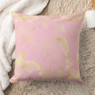 Japanese Ginkgo Gold Line Art Pink Pattern Throw Pillow