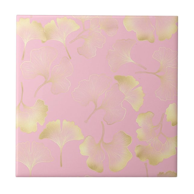 Japanese Ginkgo Gold Line Art Pink Pattern Tile (Front)