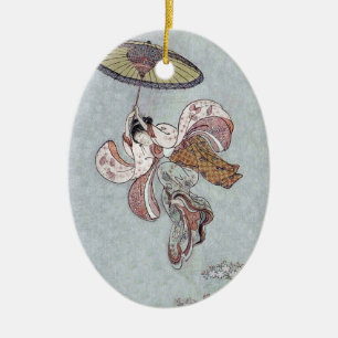 Japanese Girl Flying with Umbrella Ceramic Ornament