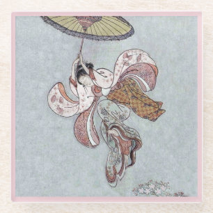 Japanese Girl Flying with Umbrella Glass Coaster