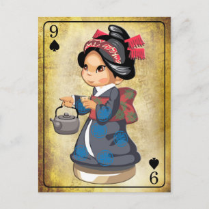 Japanese girl in kimono carrying a teapot postcard