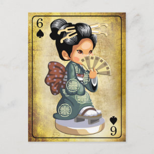 Japanese girl in kimono holding a fan postcard