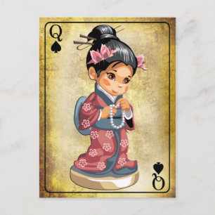 Japanese girl in kimono holding a pearl necklace postcard